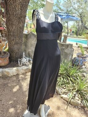 Rue De La Paix Boutique Elegant Black Maxi Dress Pleated Bodice Beaded Straps XS